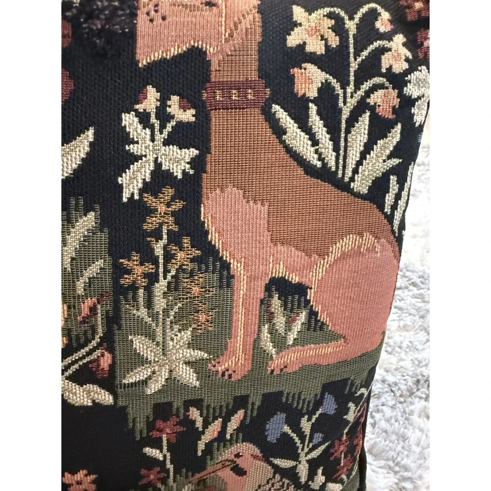 Vintage Millefleurs Tapestry Pillow Hunting Dog Rabbit Bird 12x12 Accent Cushion